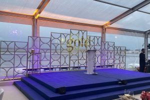 Presentation Stage with Three Sided Stairs & Finished In Blue Carpet